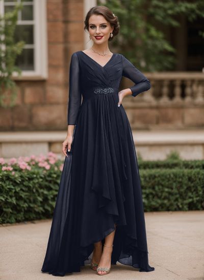 A-Line V-Neck 3/4 Sleeves Asymmetrical Chiffon Mother Of The Bride Dresses