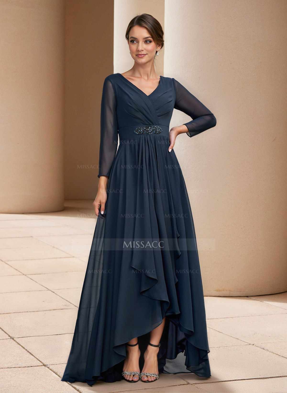 A-Line V-Neck 3/4 Sleeves Asymmetrical Chiffon Mother Of The Bride Dresses