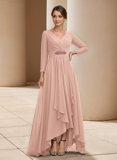 A-Line V-Neck 3/4 Sleeves Asymmetrical Chiffon Mother Of The Bride Dresses