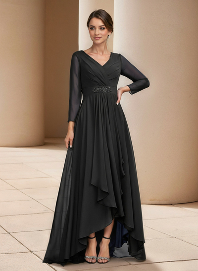 A-Line V-Neck 3/4 Sleeves Asymmetrical Chiffon Mother Of The Bride Dresses