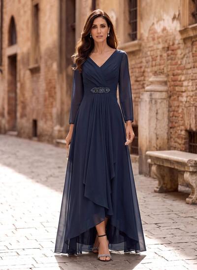 A-Line V-Neck 3/4 Sleeves Asymmetrical Chiffon Mother Of The Bride Dresses