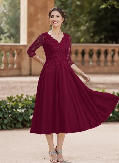 A-Line V-Neck 3/4 Sleeves Chiffon Mother Of The Bride Dresses With Lace