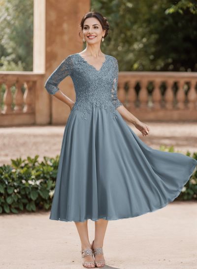 A-Line V-Neck 3/4 Sleeves Chiffon Mother Of The Bride Dresses With Lace