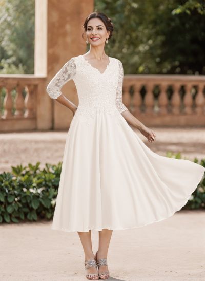 A-Line V-Neck 3/4 Sleeves Chiffon Mother Of The Bride Dresses With Lace