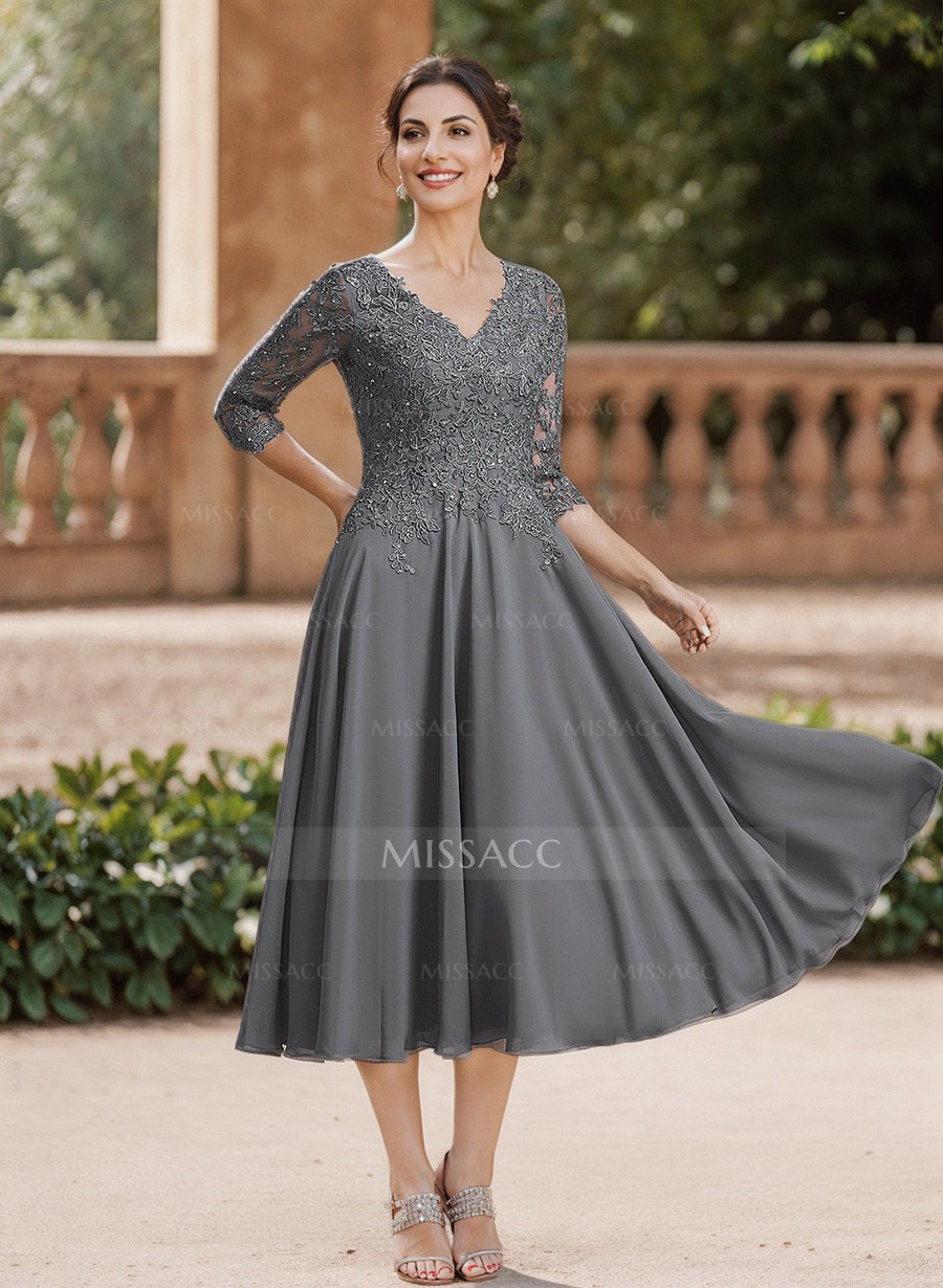 A-Line V-Neck 3/4 Sleeves Chiffon Mother Of The Bride Dresses With Lace