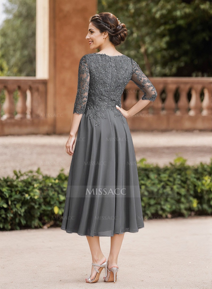 A-Line V-Neck 3/4 Sleeves Chiffon Mother Of The Bride Dresses With Lace