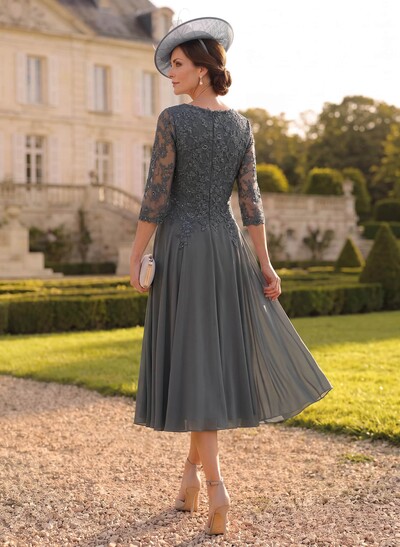A-Line V-Neck 3/4 Sleeves Chiffon Mother Of The Bride Dresses With Lace