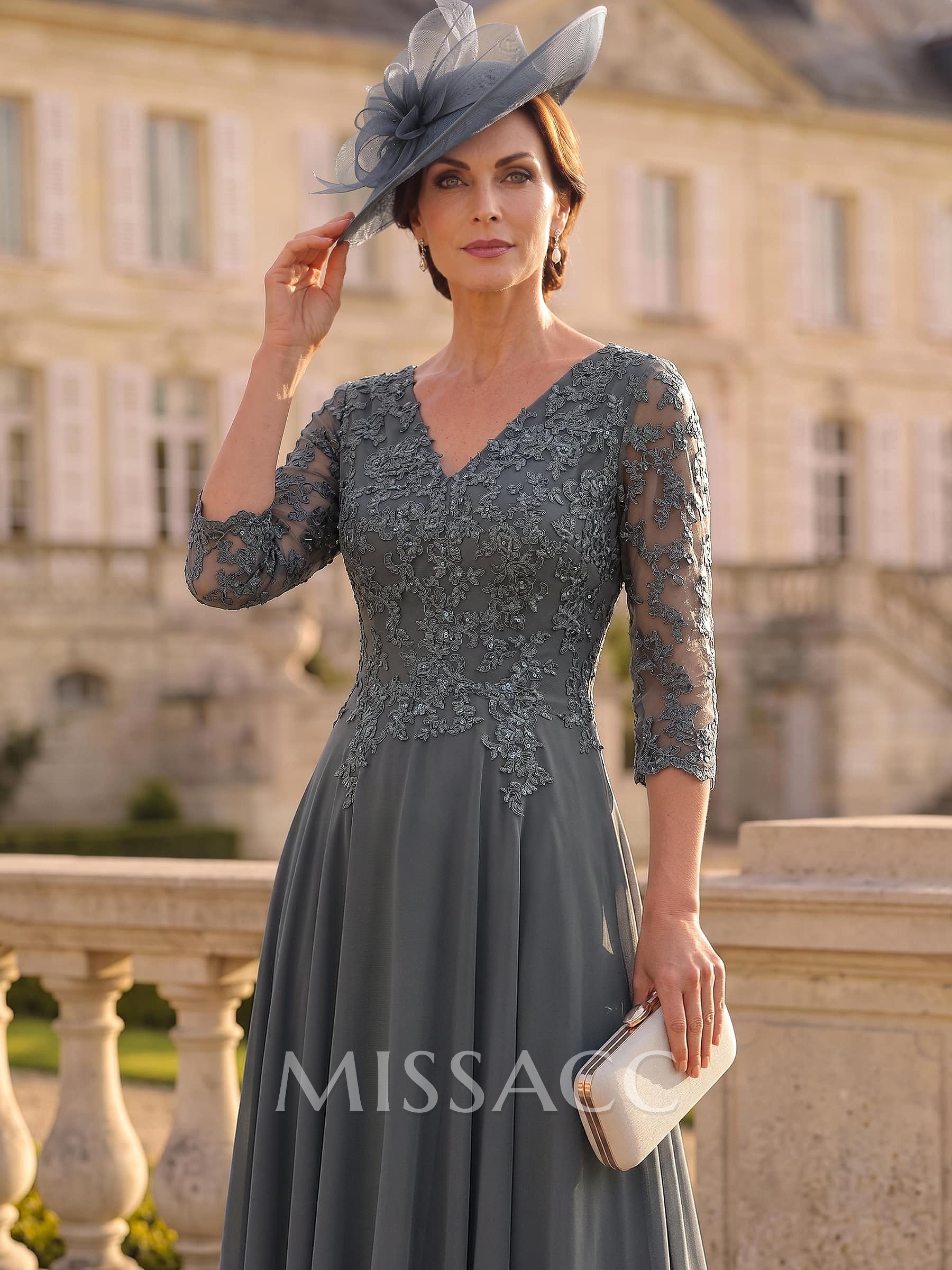A-Line V-Neck 3/4 Sleeves Chiffon Mother Of The Bride Dresses With Lace