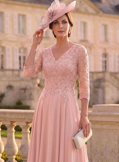 A-Line V-Neck 3/4 Sleeves Chiffon Mother Of The Bride Dresses With Lace