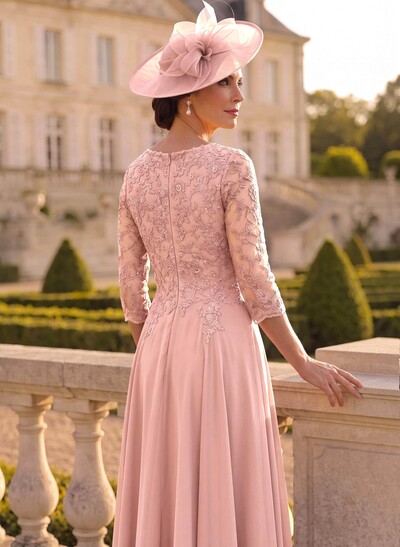 A-Line V-Neck 3/4 Sleeves Chiffon Mother Of The Bride Dresses With Lace