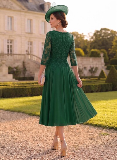 A-Line V-Neck 3/4 Sleeves Chiffon Mother Of The Bride Dresses With Lace