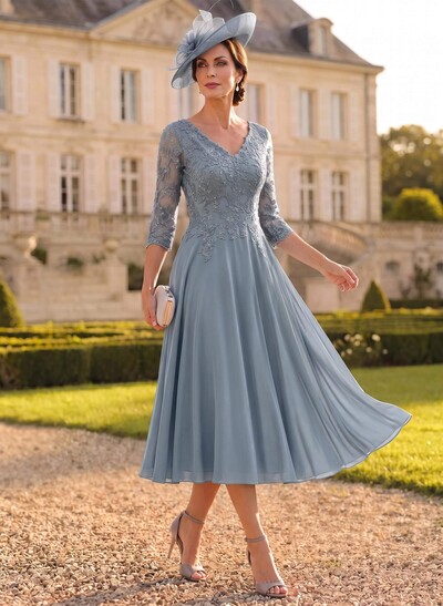 A-Line V-Neck 3/4 Sleeves Chiffon Mother Of The Bride Dresses With Lace