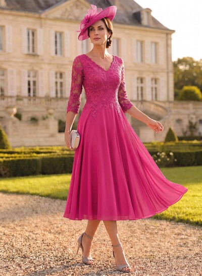 A-Line V-Neck 3/4 Sleeves Chiffon Mother Of The Bride Dresses With Lace