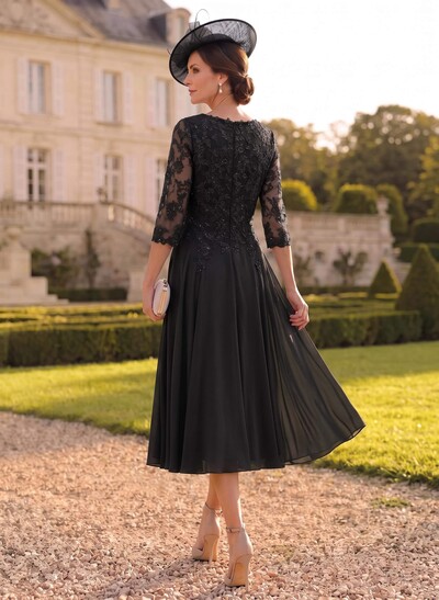 A-Line V-Neck 3/4 Sleeves Chiffon Mother Of The Bride Dresses With Lace