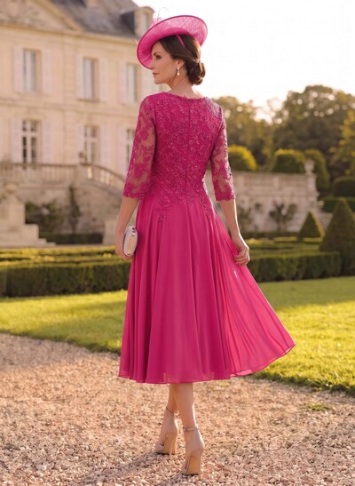 A-Line V-Neck 3/4 Sleeves Chiffon Mother Of The Bride Dresses With Lace