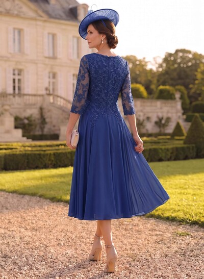 A-Line V-Neck 3/4 Sleeves Chiffon Mother Of The Bride Dresses With Lace