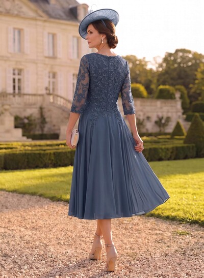 A-Line V-Neck 3/4 Sleeves Chiffon Mother Of The Bride Dresses With Lace