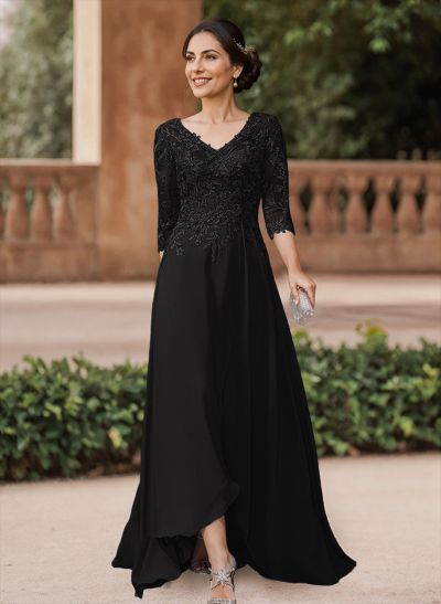 A-Line V-Neck 3/4 Sleeves Chiffon Mother Of The Bride Dresses With Lace