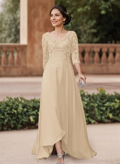 A-Line V-Neck 3/4 Sleeves Chiffon Mother Of The Bride Dresses With Lace