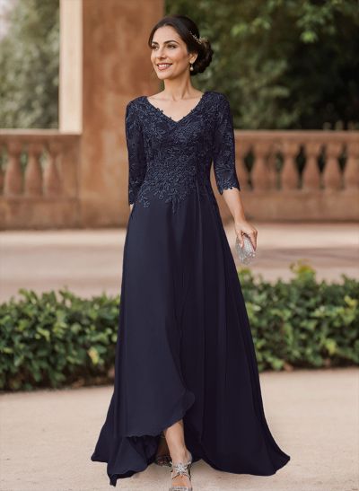 A-Line V-Neck 3/4 Sleeves Chiffon Mother Of The Bride Dresses With Lace