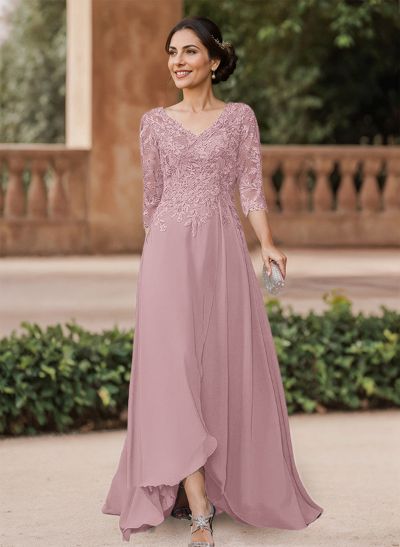 A-Line V-Neck 3/4 Sleeves Chiffon Mother Of The Bride Dresses With Lace