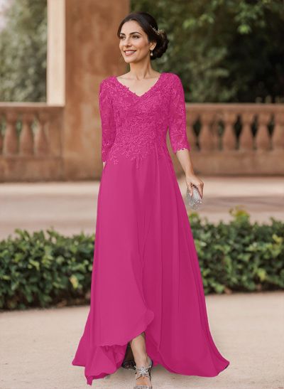 A-Line V-Neck 3/4 Sleeves Chiffon Mother Of The Bride Dresses With Lace