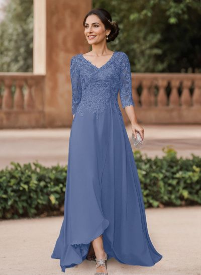 A-Line V-Neck 3/4 Sleeves Chiffon Mother Of The Bride Dresses With Lace