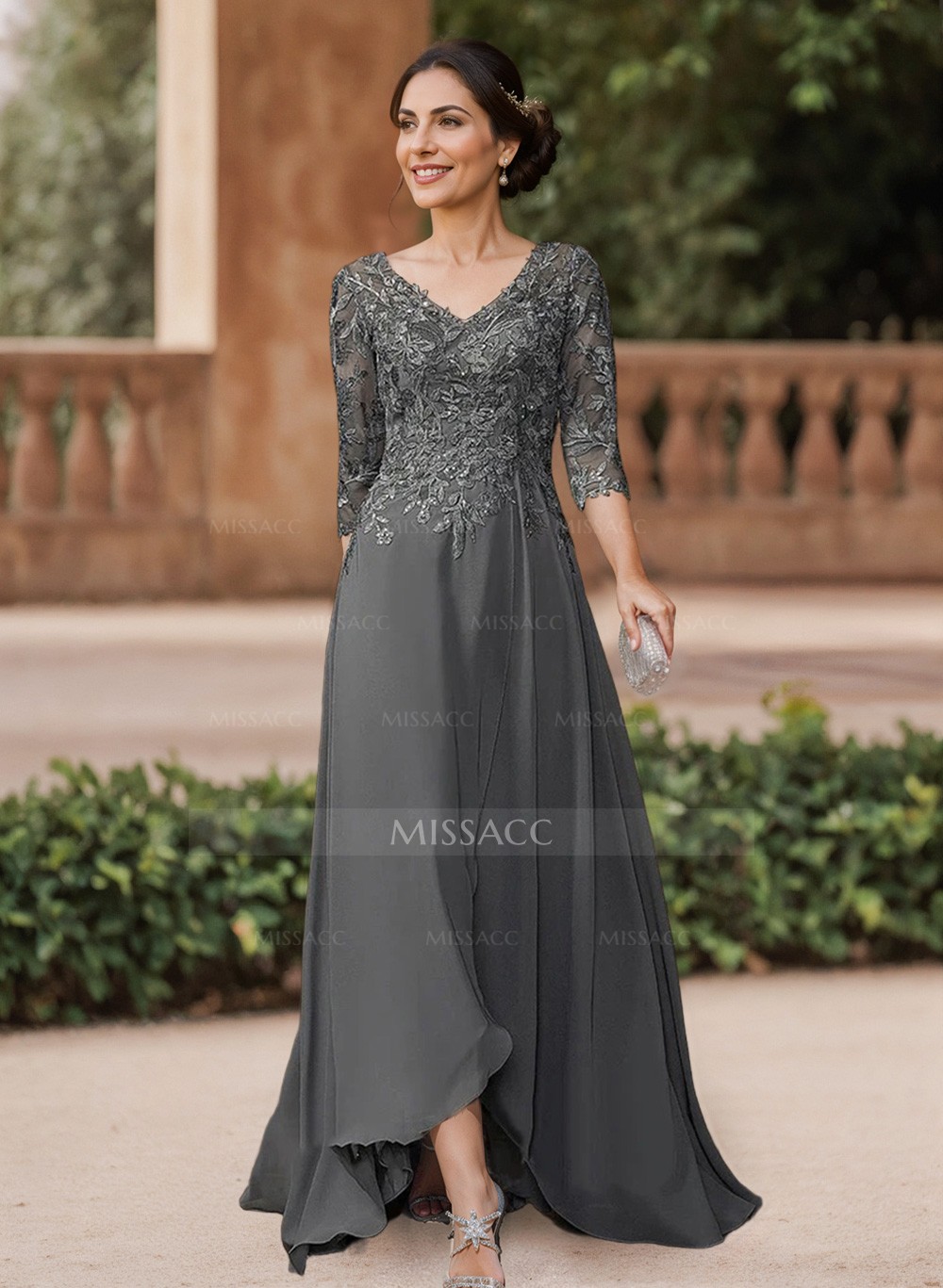 A-Line V-Neck 3/4 Sleeves Chiffon Mother Of The Bride Dresses With Lace