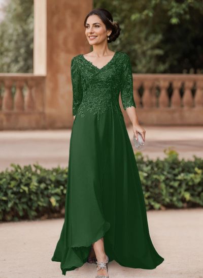 A-Line V-Neck 3/4 Sleeves Chiffon Mother Of The Bride Dresses With Lace