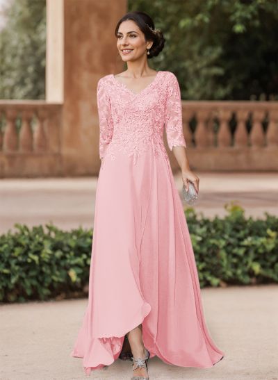 A-Line V-Neck 3/4 Sleeves Chiffon Mother Of The Bride Dresses With Lace