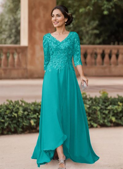 A-Line V-Neck 3/4 Sleeves Chiffon Mother Of The Bride Dresses With Lace