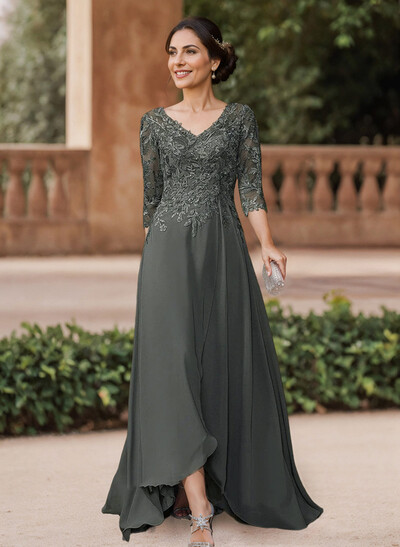 A-Line V-Neck 3/4 Sleeves Chiffon Mother Of The Bride Dresses With Lace