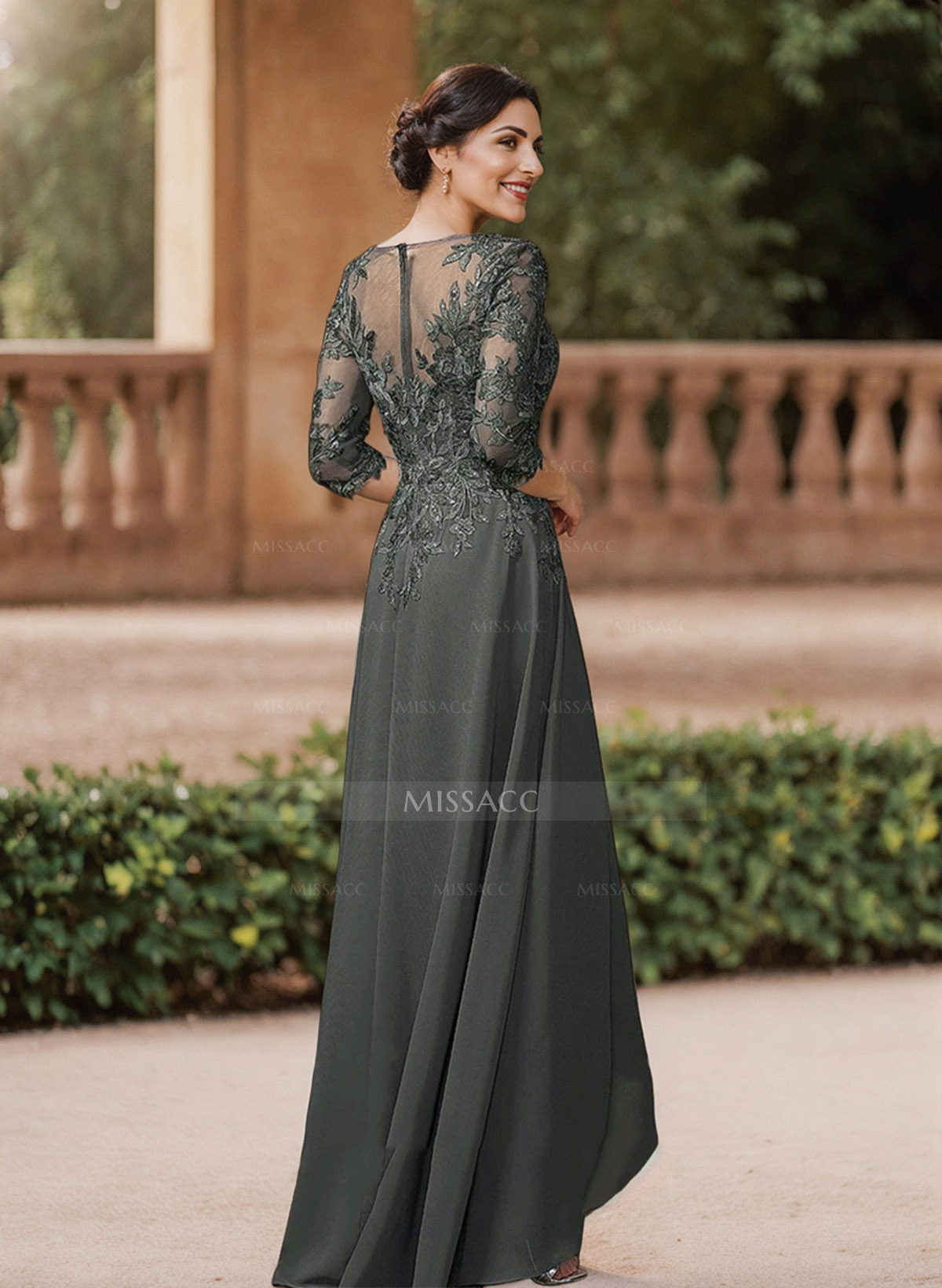 A-Line V-Neck 3/4 Sleeves Chiffon Mother Of The Bride Dresses With Lace