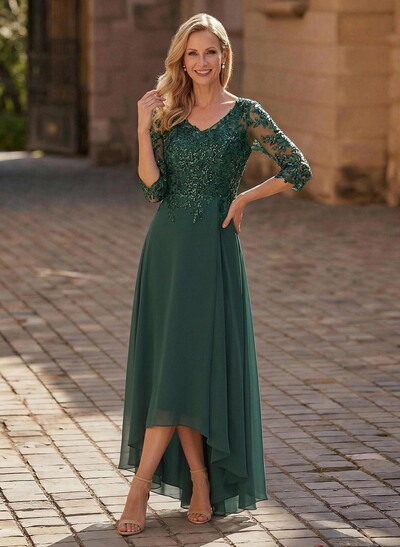 A-Line V-Neck 3/4 Sleeves Chiffon Mother Of The Bride Dresses With Lace