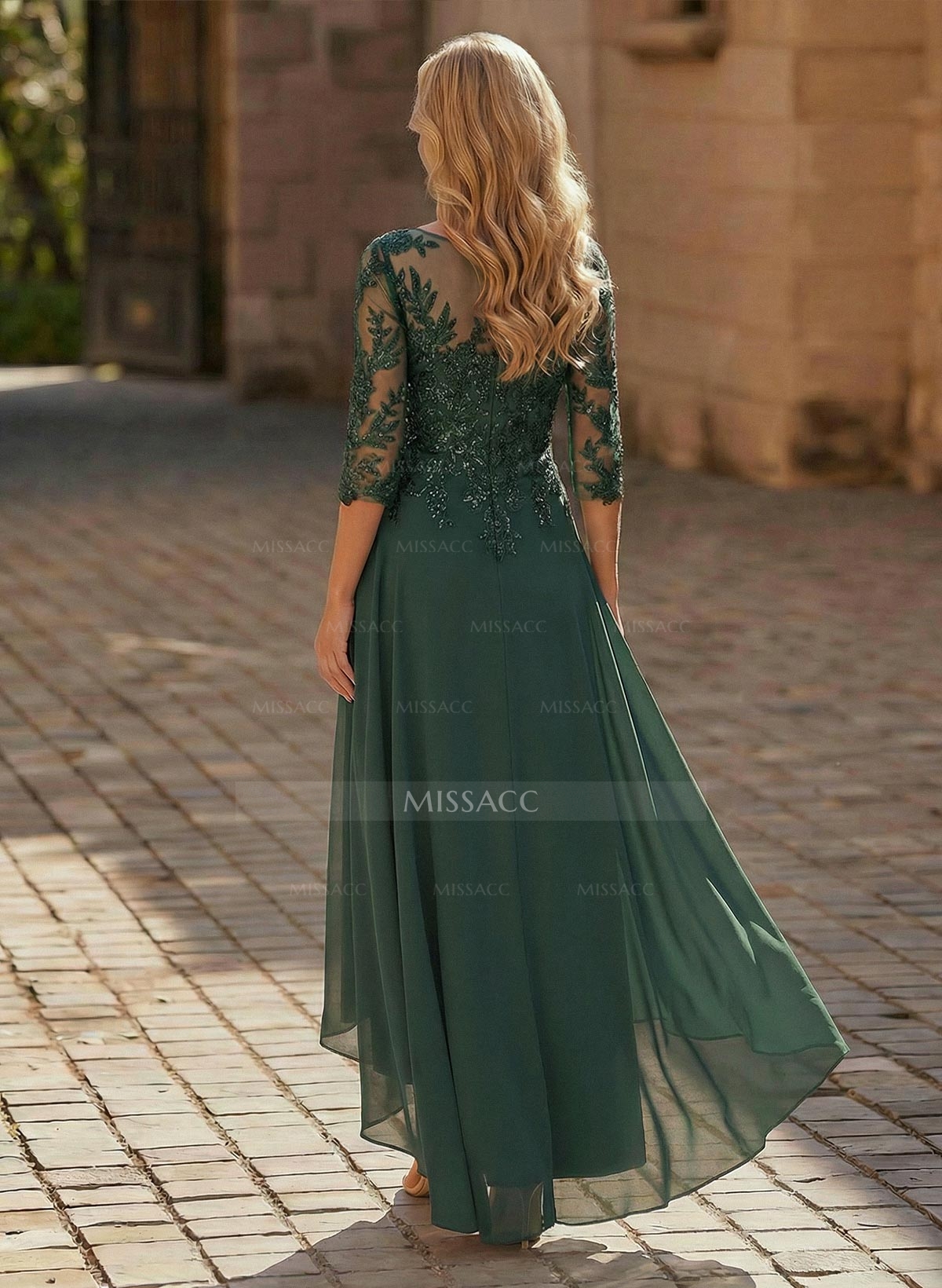 A-Line V-Neck 3/4 Sleeves Chiffon Mother Of The Bride Dresses With Lace