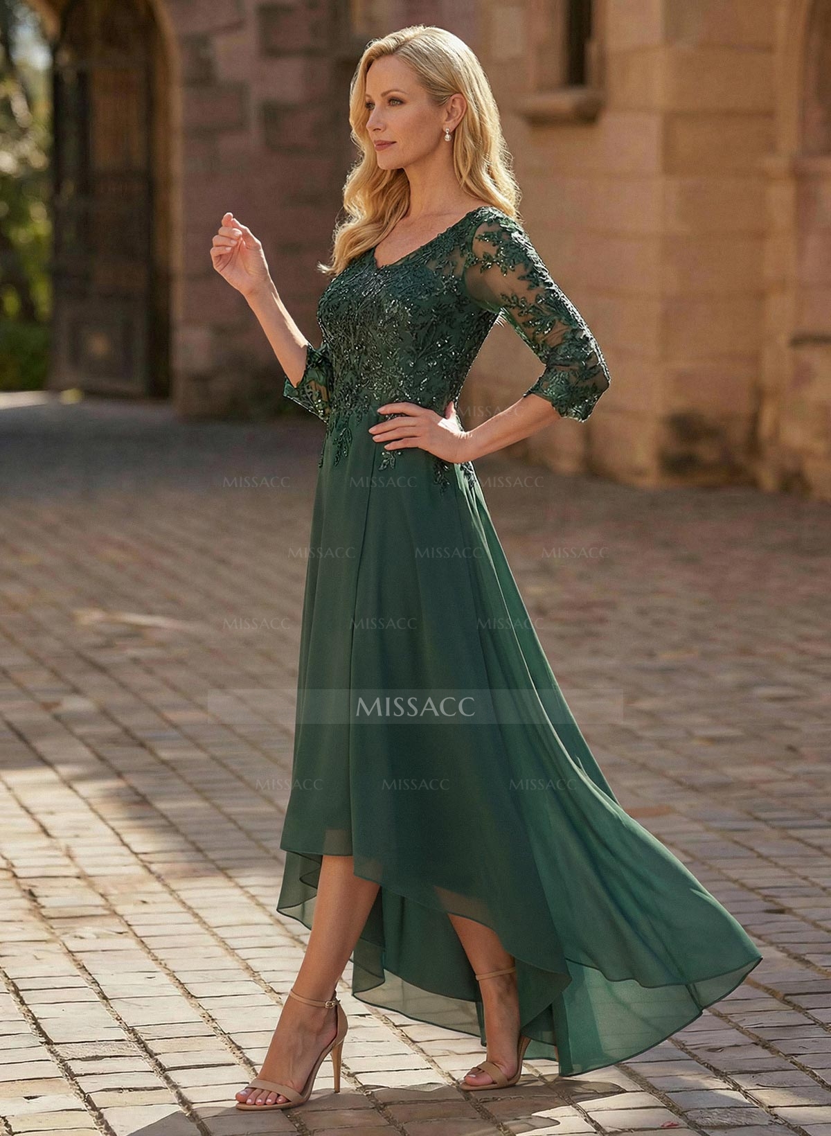 A-Line V-Neck 3/4 Sleeves Chiffon Mother Of The Bride Dresses With Lace
