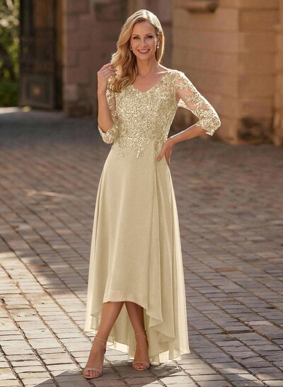 A-Line V-Neck 3/4 Sleeves Chiffon Mother Of The Bride Dresses With Lace