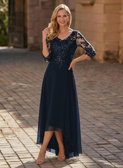 A-Line V-Neck 3/4 Sleeves Chiffon Mother Of The Bride Dresses With Lace