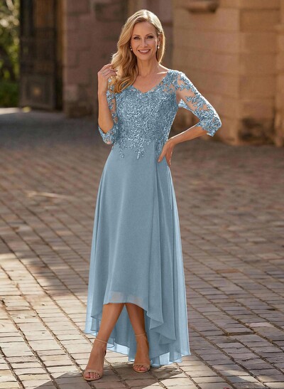 A-Line V-Neck 3/4 Sleeves Chiffon Mother Of The Bride Dresses With Lace