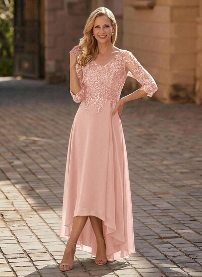 A-Line V-Neck 3/4 Sleeves Chiffon Mother Of The Bride Dresses With Lace