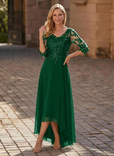 A-Line V-Neck 3/4 Sleeves Chiffon Mother Of The Bride Dresses With Lace