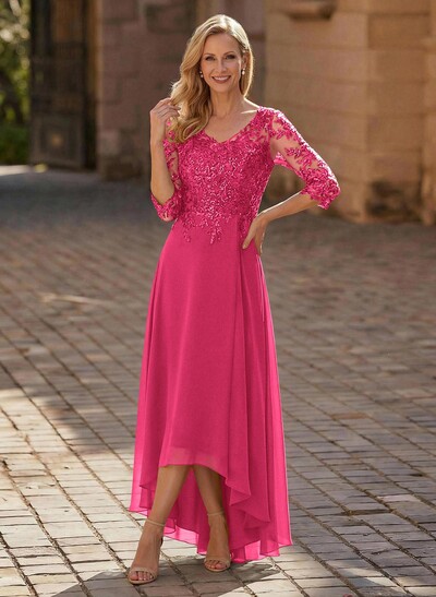 A-Line V-Neck 3/4 Sleeves Chiffon Mother Of The Bride Dresses With Lace