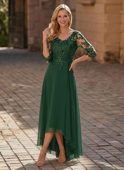 A-Line V-Neck 3/4 Sleeves Chiffon Mother Of The Bride Dresses With Lace
