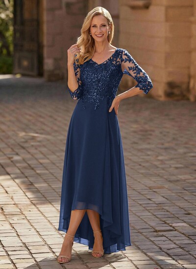 A-Line V-Neck 3/4 Sleeves Chiffon Mother Of The Bride Dresses With Lace