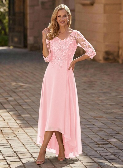 A-Line V-Neck 3/4 Sleeves Chiffon Mother Of The Bride Dresses With Lace