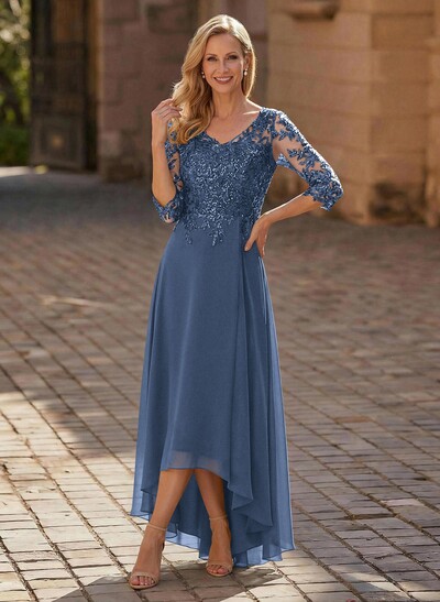 A-Line V-Neck 3/4 Sleeves Chiffon Mother Of The Bride Dresses With Lace