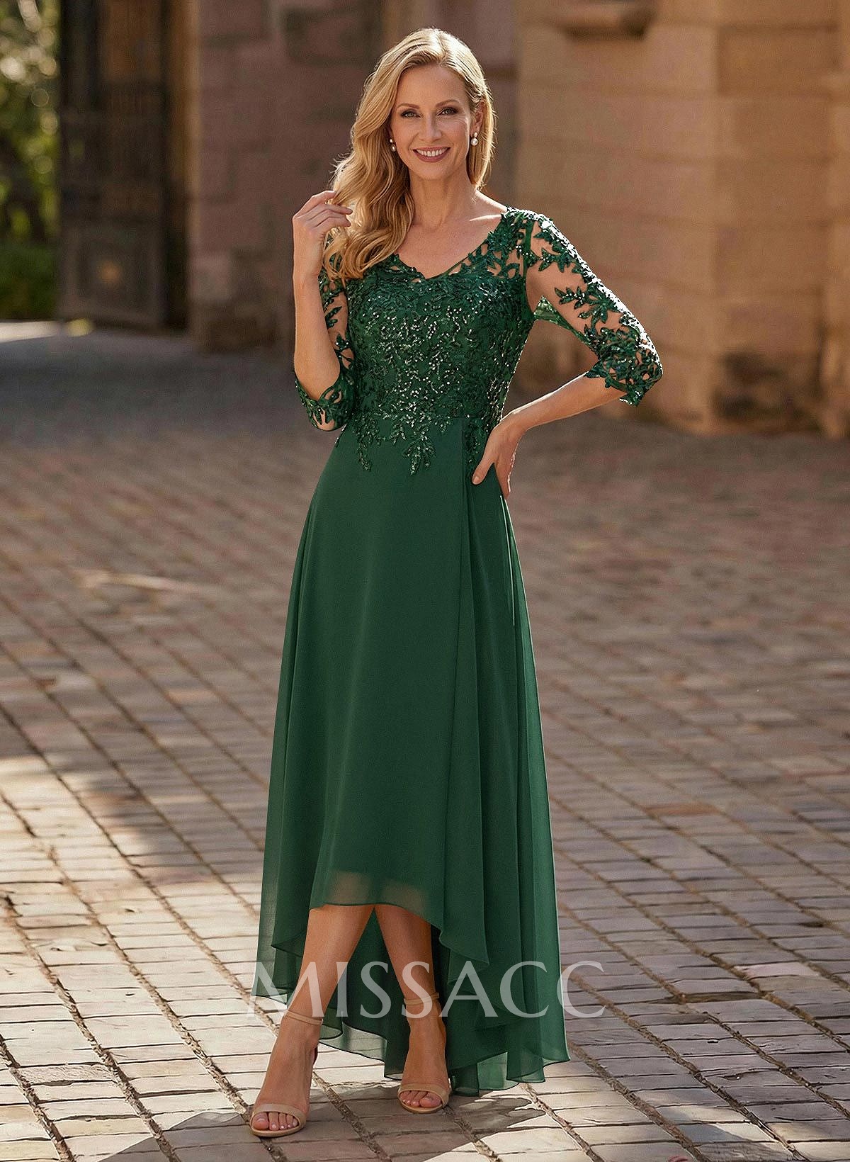 A-Line V-Neck 3/4 Sleeves Chiffon Mother Of The Bride Dresses With Lace A-Line V-Neck 3/4 Sleeves Chiffon Mother Of The Bride Dresses With Lace