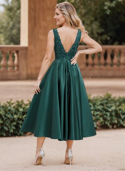 A-Line V-Neck Sleeveless Tea-Length Satin Mother Of The Bride Dresses With Lace