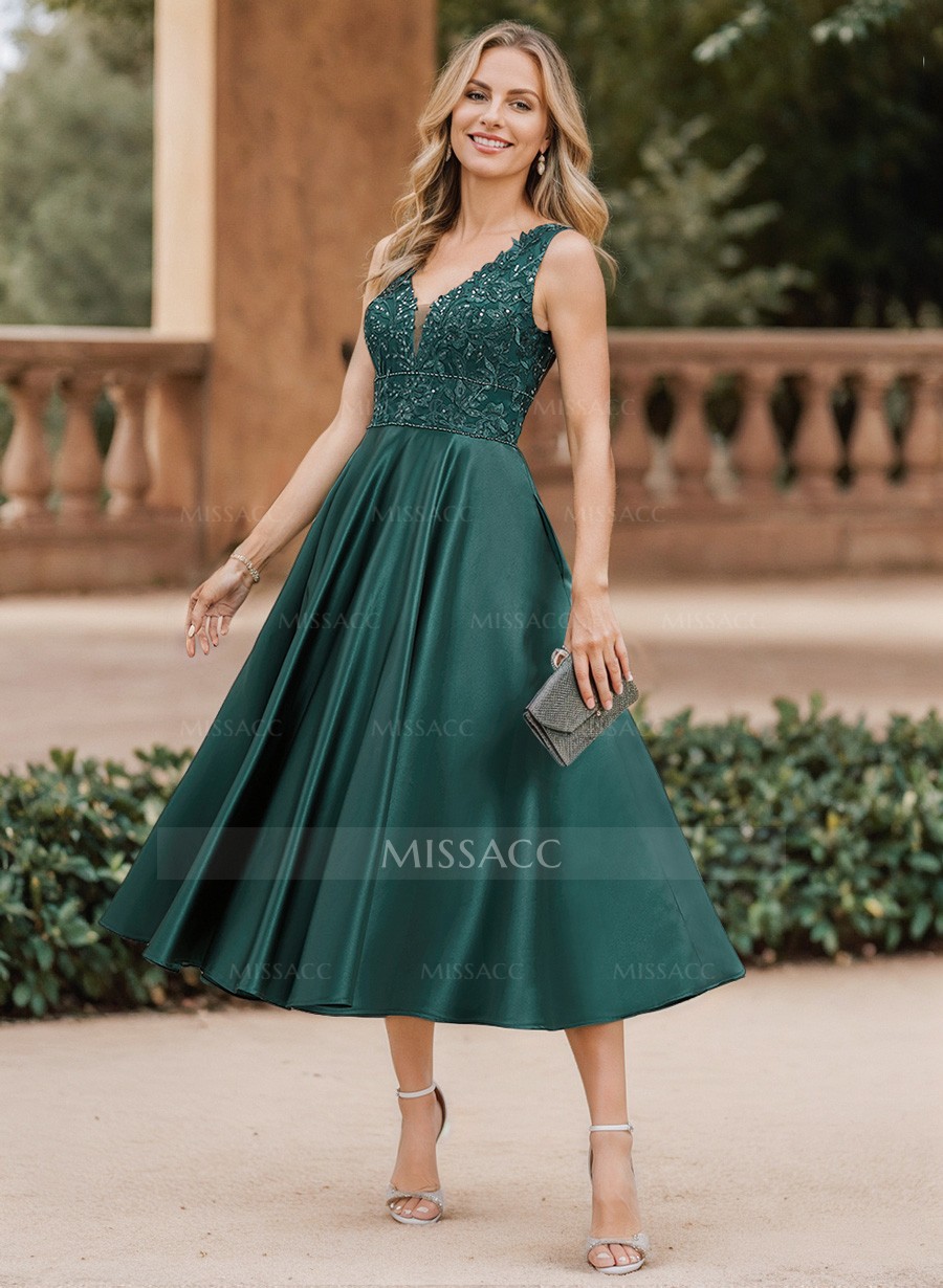 A-Line V-Neck Sleeveless Tea-Length Satin Mother Of The Bride Dresses With Lace