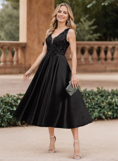 A-Line V-Neck Sleeveless Tea-Length Satin Mother Of The Bride Dresses With Lace